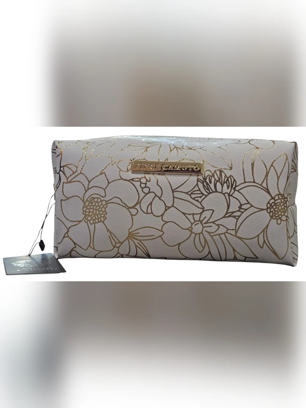 Vince Camuto Cream & Gold Floral Cosmetic Bag, New
